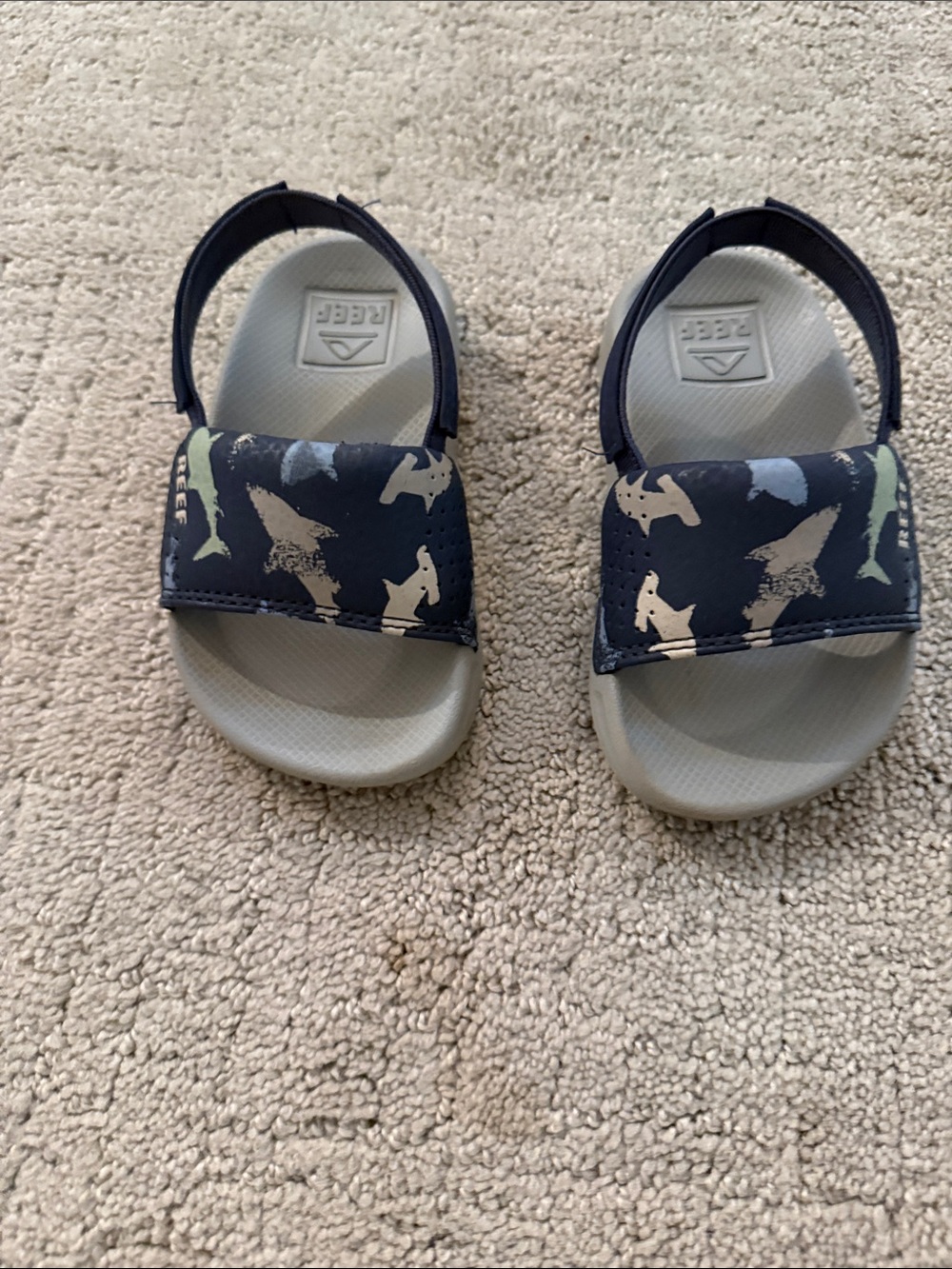 Reef Kids Navy Shark Print Strap Sandals with Light Gray Footbed